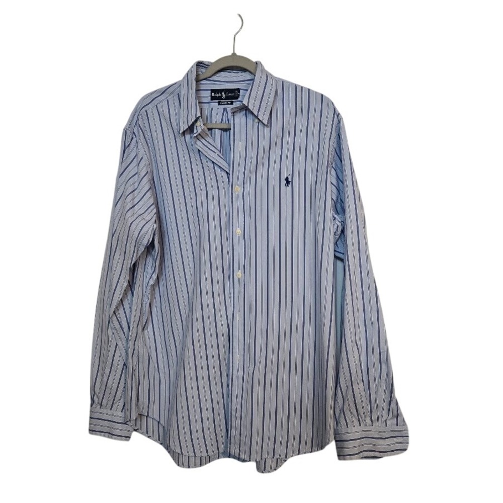 Ralph Lauren Mens Blue Striped Long Sleeve Button Down‎ Classic Fit Sz L
